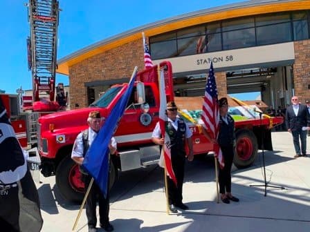 Honor guard with flags at Fire Station 5B